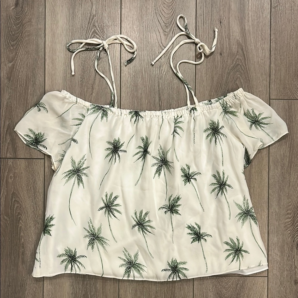 Milly NY Silk Palm Tree Print Flowy Cropped Blouse w/ optional Tie Straps -Small